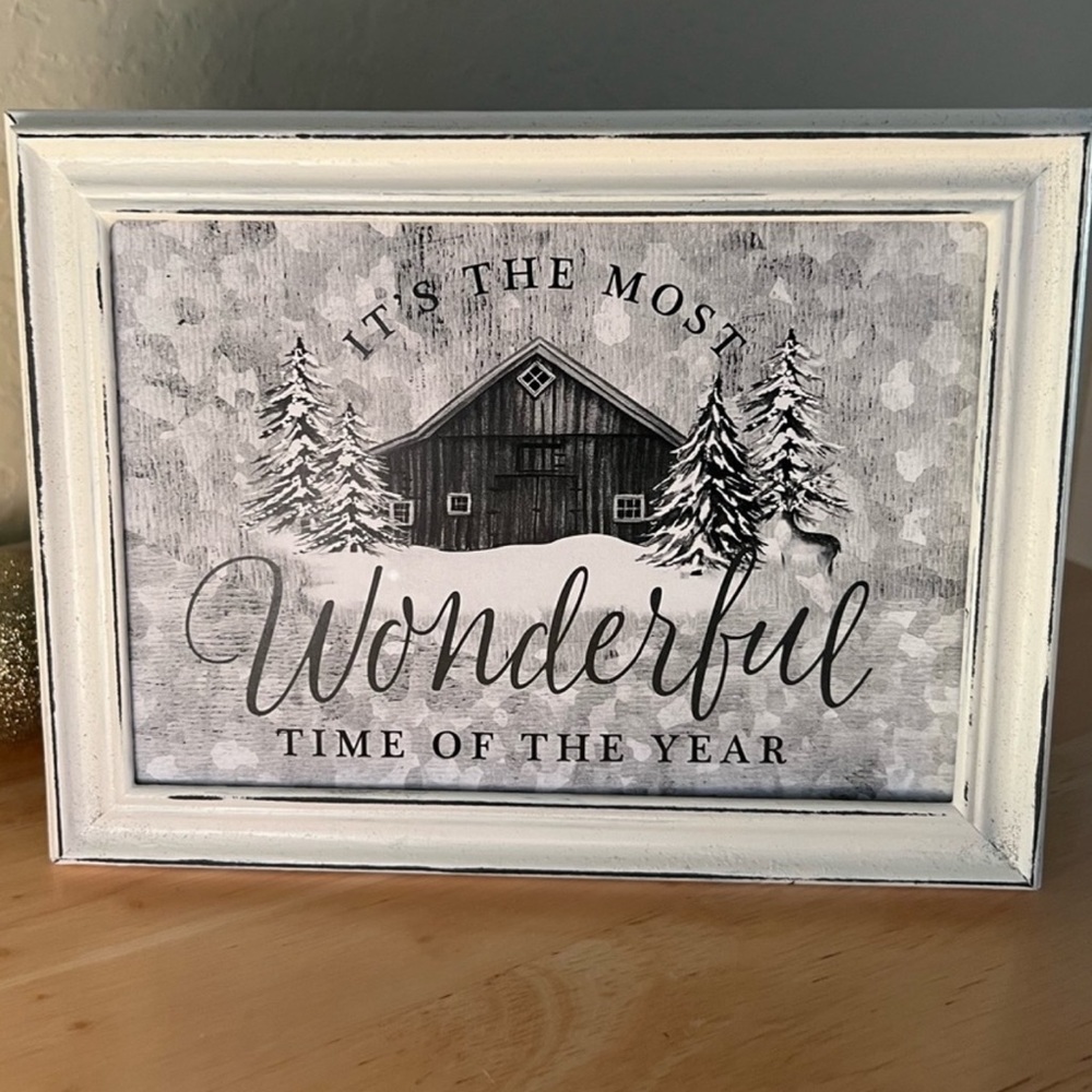 Farmhouse Christmas barn & trees picture 8x10 w/frame